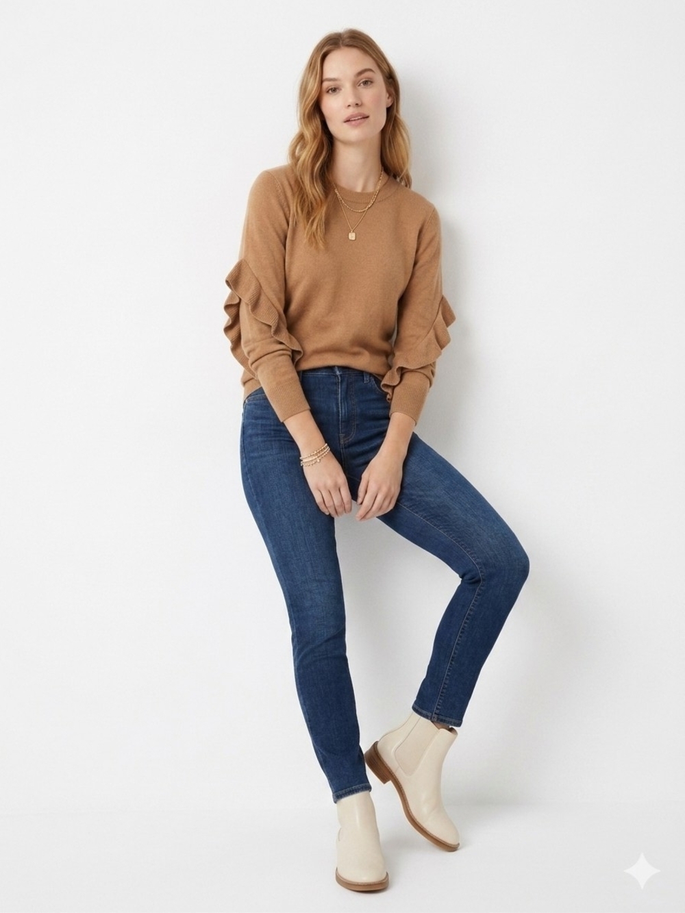 Joe Fresh Camel Ruffle-Sleeve Sweater